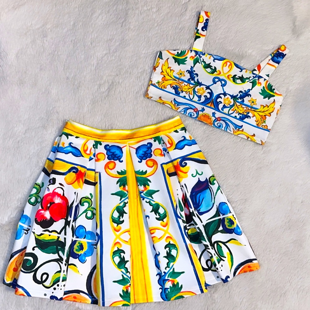 Crop top and skirt set with Versace print design on it